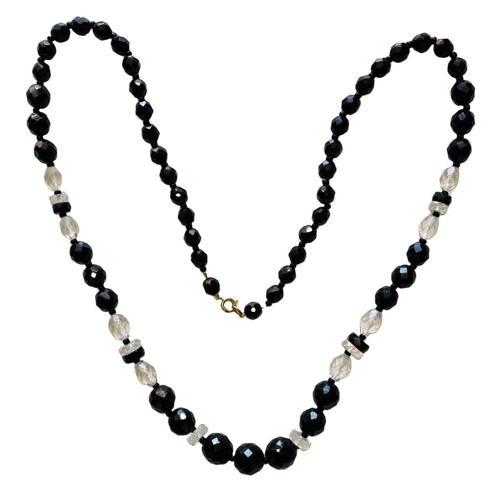 VTG  Estate French Jet & Cut Glass Bead Necklace 30 Inch Black & Clear Faceted